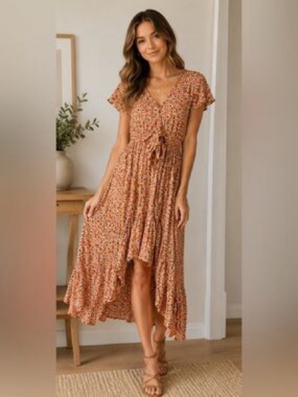 Vici Rust Floral High-Low Tie-Waist Dress